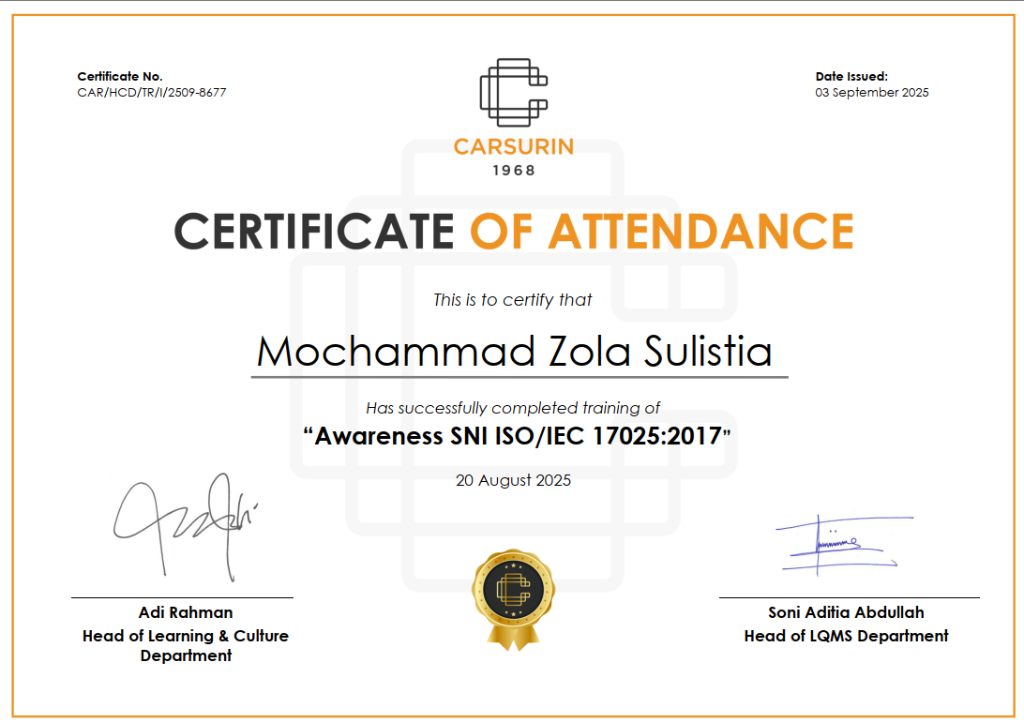 Awareness SNI ISO/IEC 17025:2017 Certificate