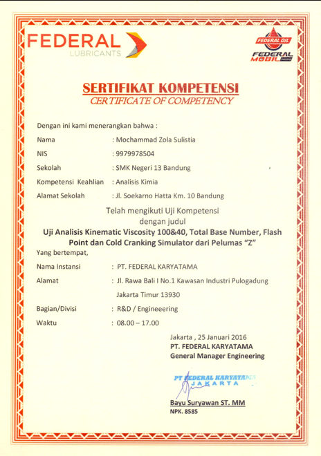 Kompetensi Uji Pelumas Certificate