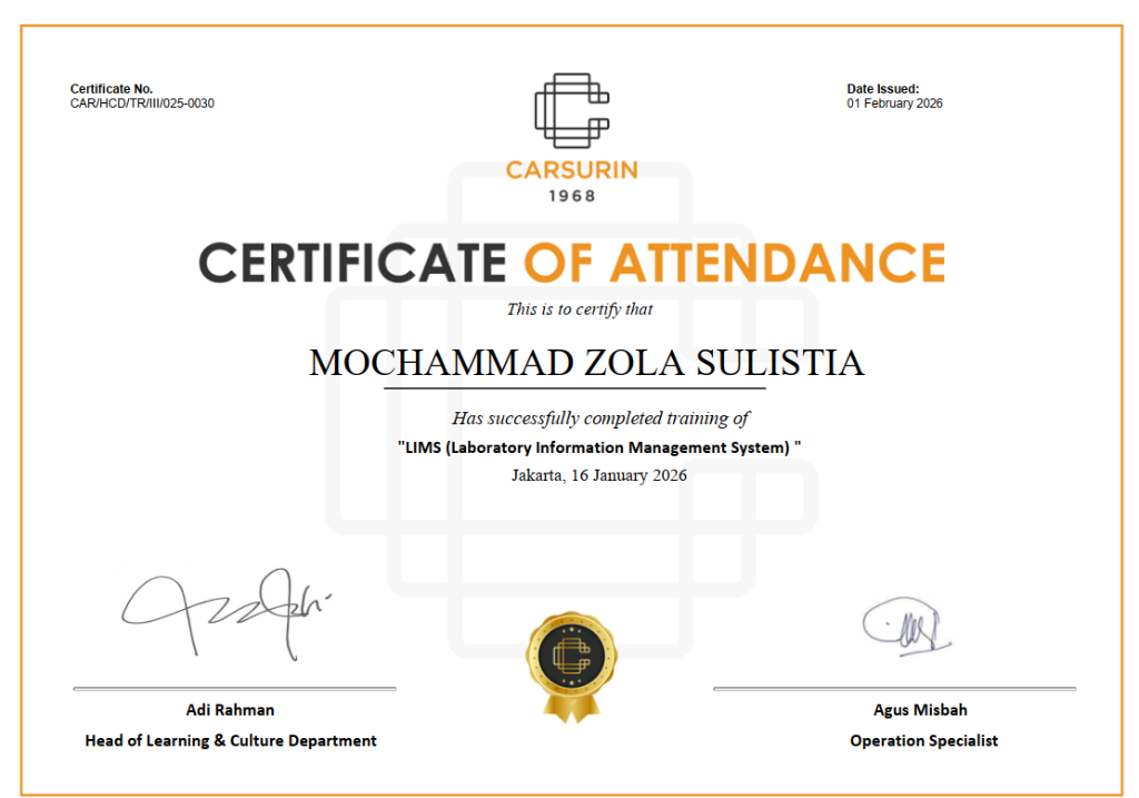 LIMS Training Certificate