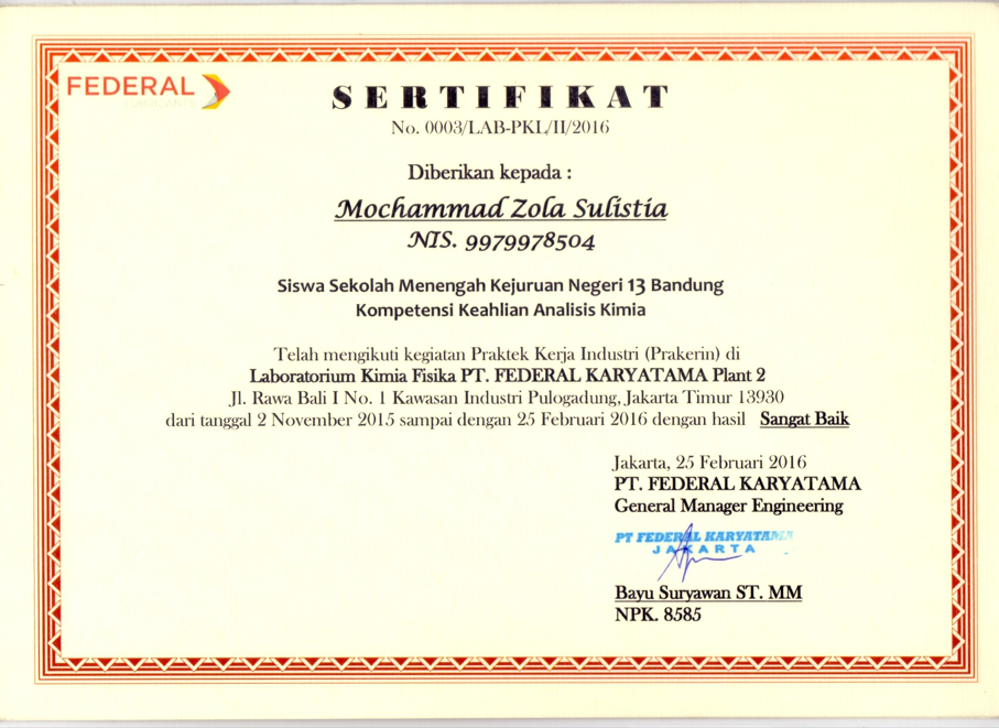 Prakerin PT Federal Karyatama Certificate